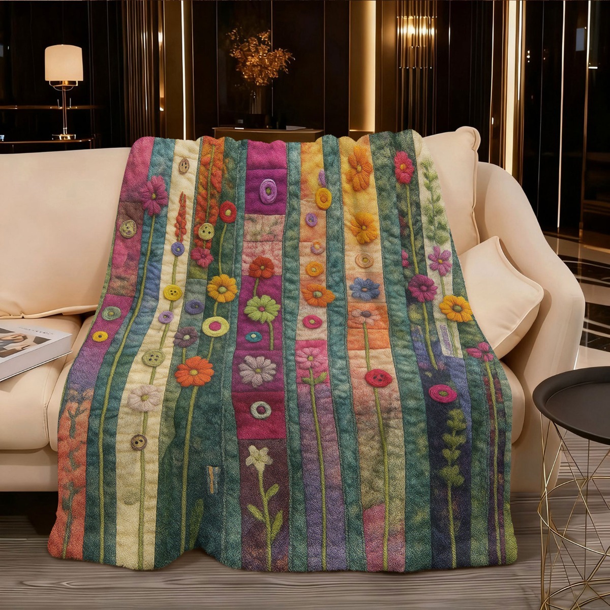 TEMU Vintage Floral Embroidered Look Flannel Throw Blanket Button Closure Soft Lightweight All Season For Sofa Bed Car Camping Travel