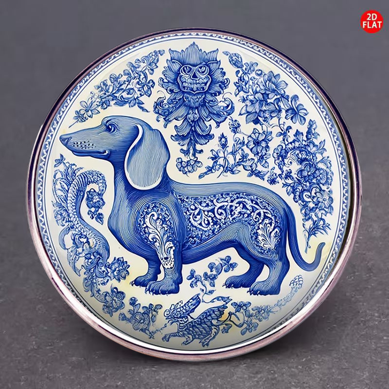 TEMU 1pc, 2d Blue And White Porcelain Style Dachshund Pattern Stainless Steel Brooch Vintage Animal Flower