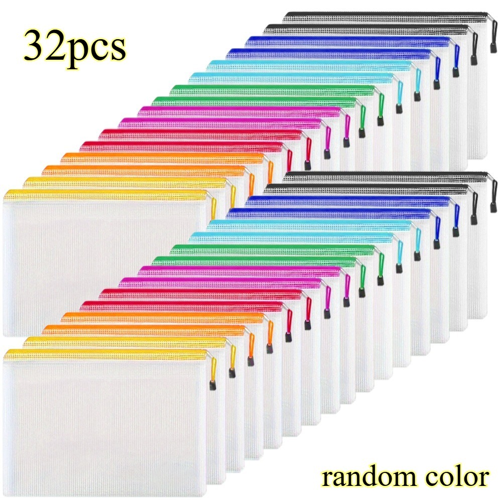 TEMU Lot de 16/32 pochettes A5 en à fermeture éclair, PVC épais de qualité supérieure, couleurs aléatoires, idéales pour le rangement