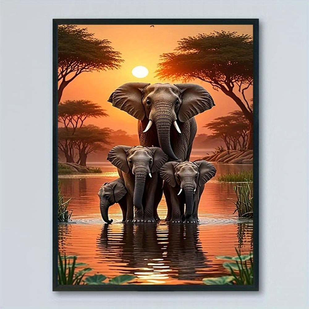 E-shop Sonnenuntergang Elefantenfamilie Leinwandkunstdruck - 12x16 Zoll Rahmenloser Wanddekor, afrikanische Wildtier für Zuhause, Schlafzimmer,