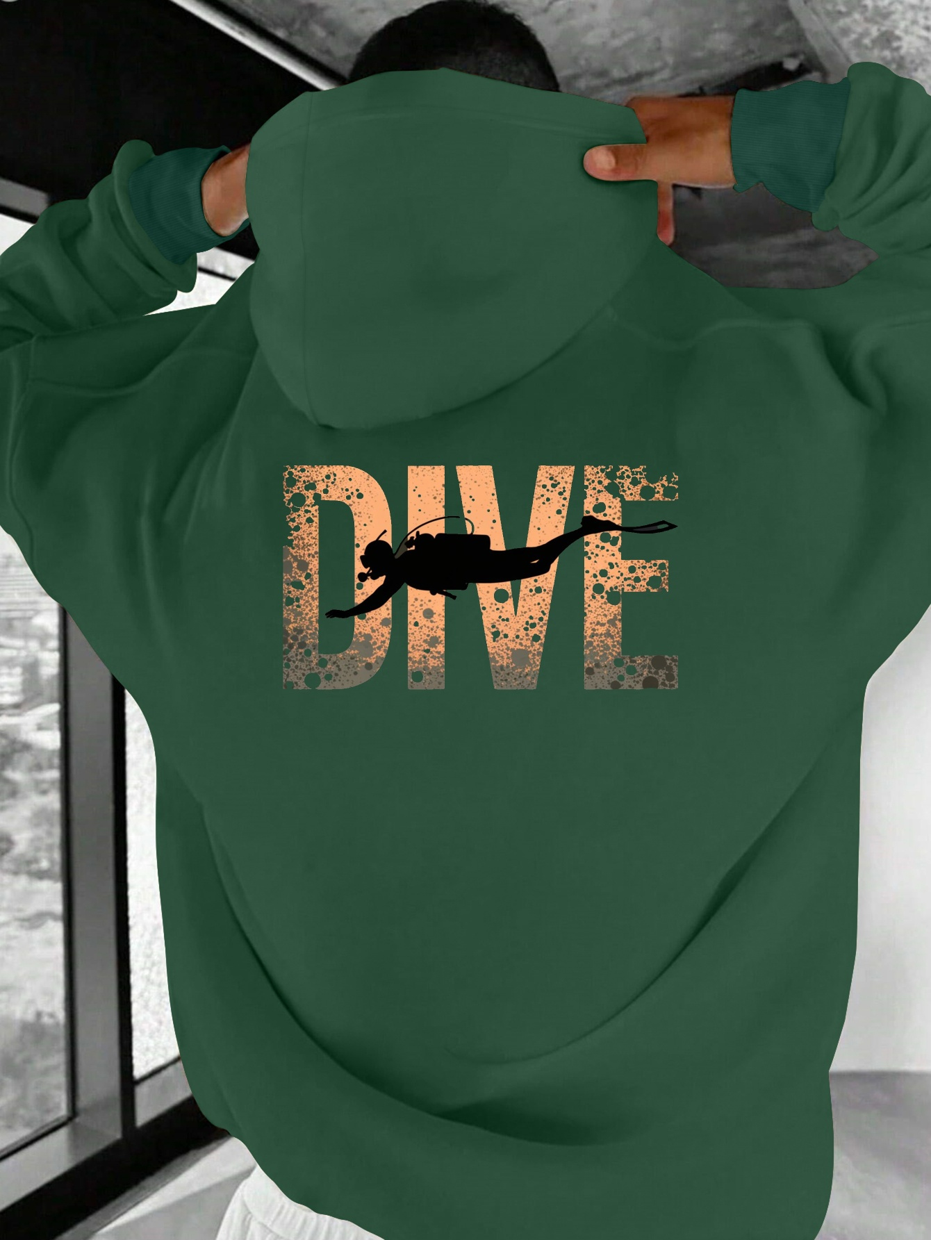 mens dive   silhouette hoodie casual loose fit long sleeve sweatshirt with dive graphic olive   for outdoor activities casual attire dive clothes durable fabric