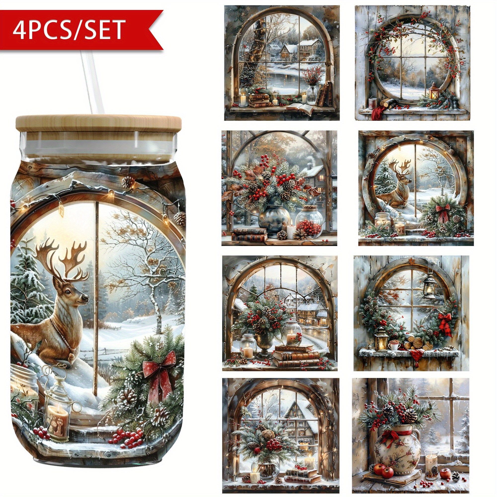 TEMU 4pcs Vintage Christmas Window Scene - Waterproof, Scratch-resistant Uv Transfer Film With , Red Berries, And Gift Patterns - Suitable For Mugs,