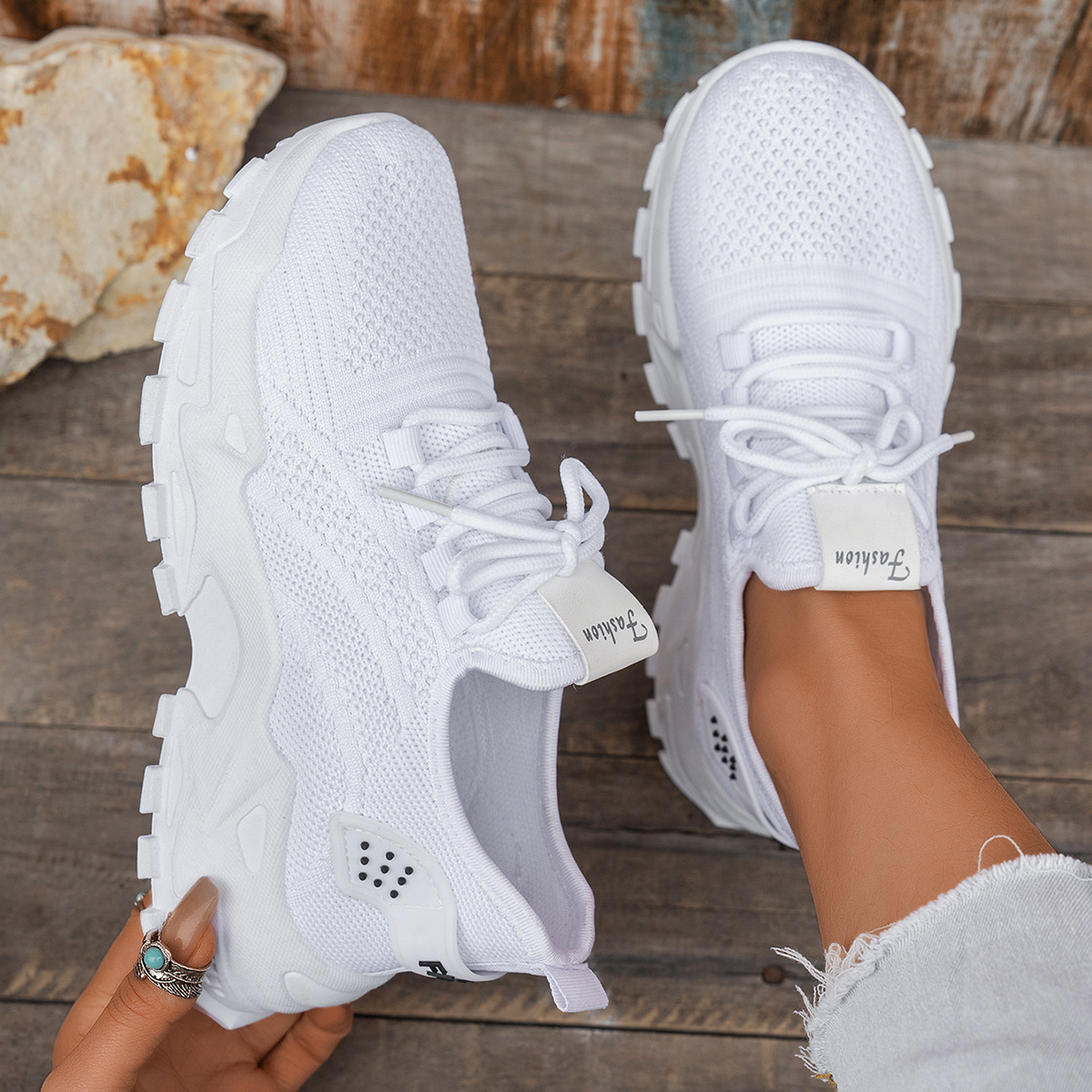 Image of Women's Breathable Knit Sneakers- Lightweight Walking And Fitness Shoes With Lace-, Rubber Outsole, White Mesh For Casual And Sports Activities, Women Shoes
