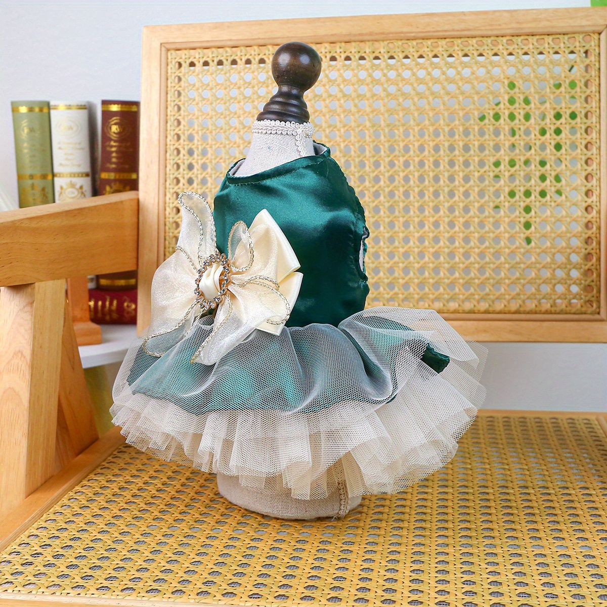 Elegant Green Tulle Princess Dress with Pearl Bow Accents Lightweight  Knit Polyester Pet Costume for Small Dogs, Teddy, Schnauzer, Bichon, Maltese