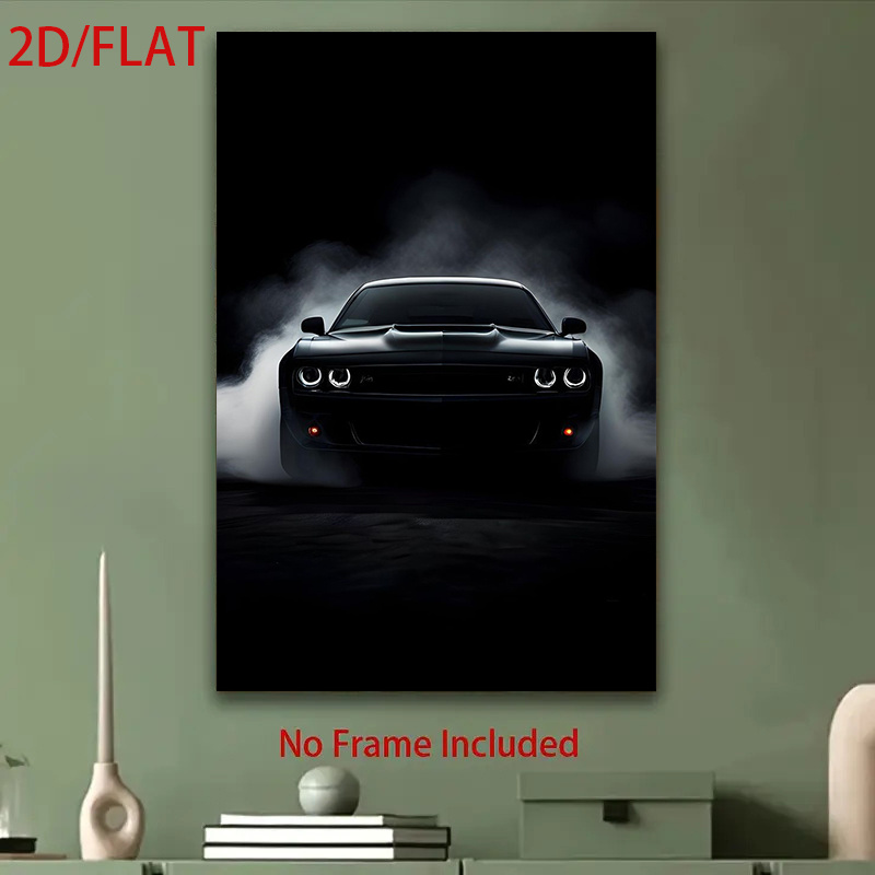 TEMU 2d Flat, 2d Flat, Frameless 2d Flat Canvas Painting Featuring A Cool Black Sports Car Surrounded By Smoke, Perfect For Coffee Shops, Offices,