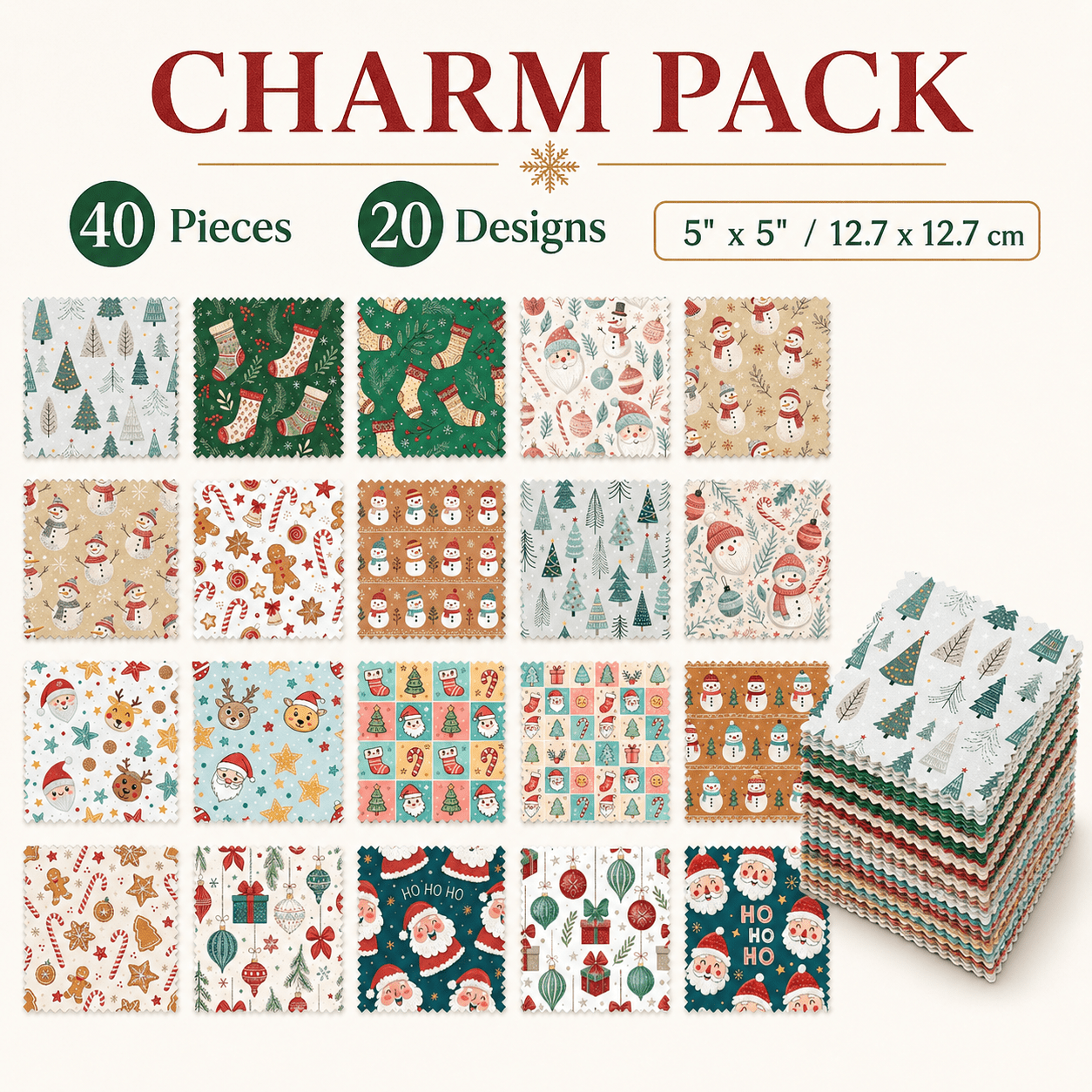 TEMU Charm Pack 12.7x12.7 Fabric Pieces 40pcs, 20 Designs, Each Design 2pcs, Vintage Snowman Christmas Print, Includes Snowman With Hat, , Christmas
