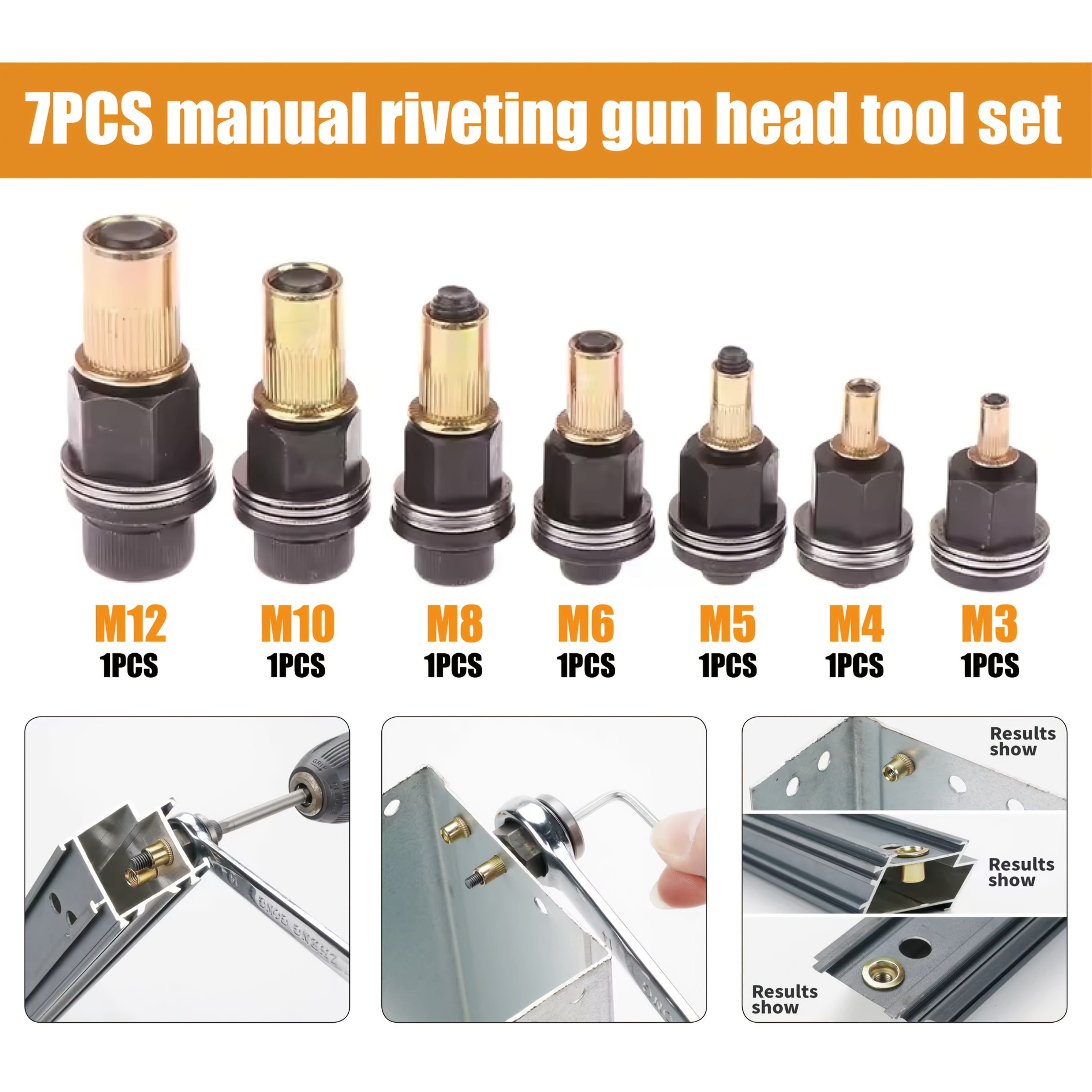 7pcs Manual Rivet Gun Head Full Size Set M3-m12 Nut Manual Tool Easy-to-use Durable Tool Kit Suitable For Automotive Home Renovation Metal Diy Tools