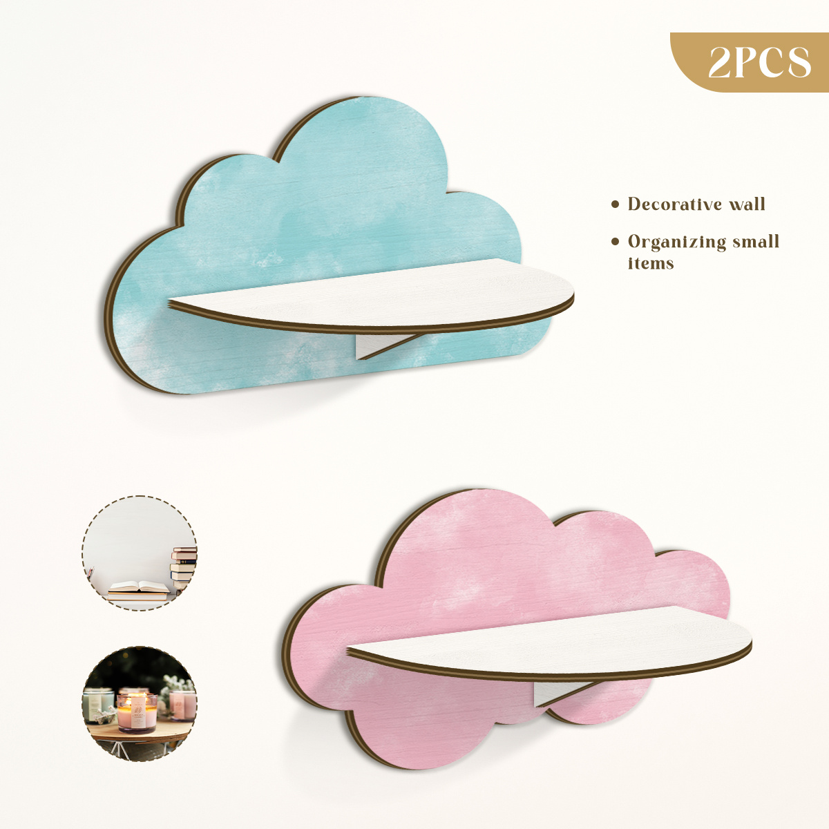 TEMU Lot de 2 étagères murales de nuage pour salon, chambre, café - Étagères flottantes en bois artificiel avec bois, étagère nuage encombrante pour