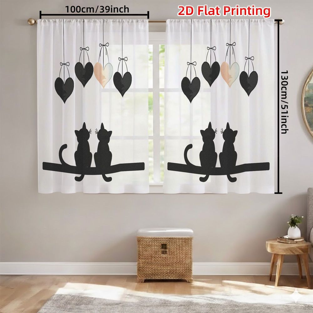 TEMU 2d Flat, 2pcs Panel Semi-sheer Curtains Suitable For - Minimalist Black-white Cat Silhouette Window Drapes With Rod Pocket, Sheer Panels For,