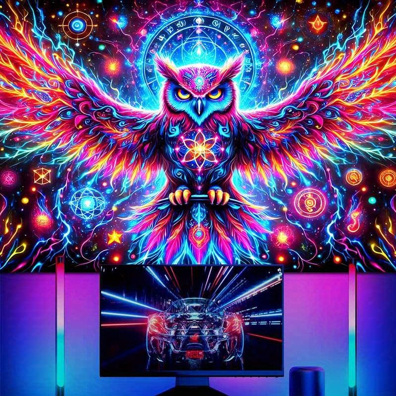 Vibrant 3d Neon Owl Tapestry Psychedelic Wall Hanging For Bedroom_voghion.com