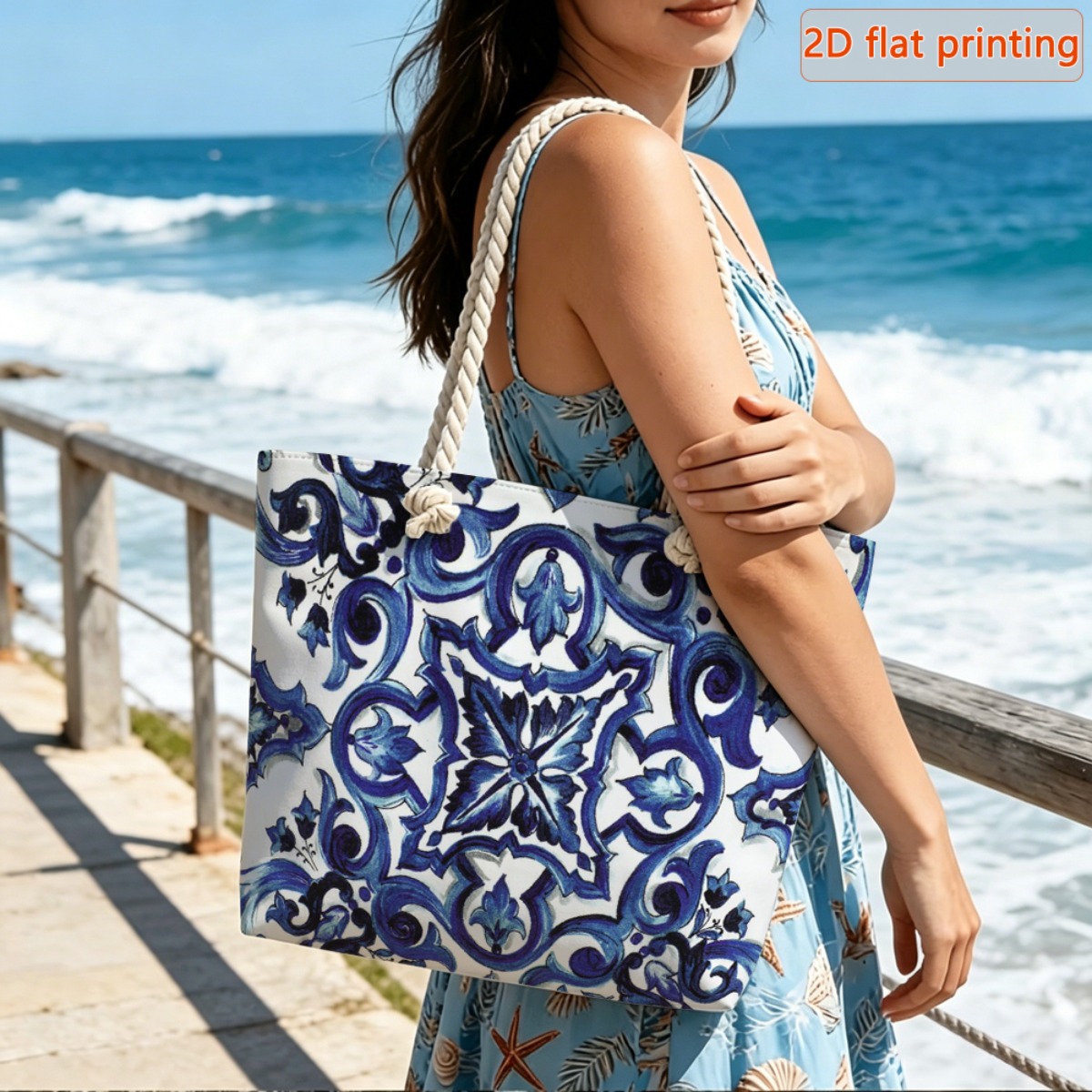 TEMU 1 stuks 2D Platte Dames Reistas met Capaciteit, en Twijnd Lotus Print - Fiber Strandtas, Dubbele Comfortabele Handvatten en Afneembare Touwband,