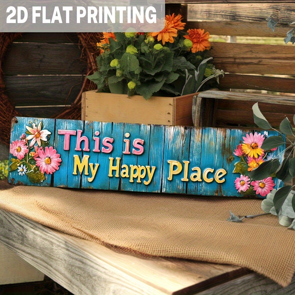 TEMU 2d Flat, Aluminum C, 2d Flat, 1pc " Happy " Metal Wall Sign - Floral Theme Decor, 3.93x15.74 Inches, No Electricity Needed, Easy To Hang In