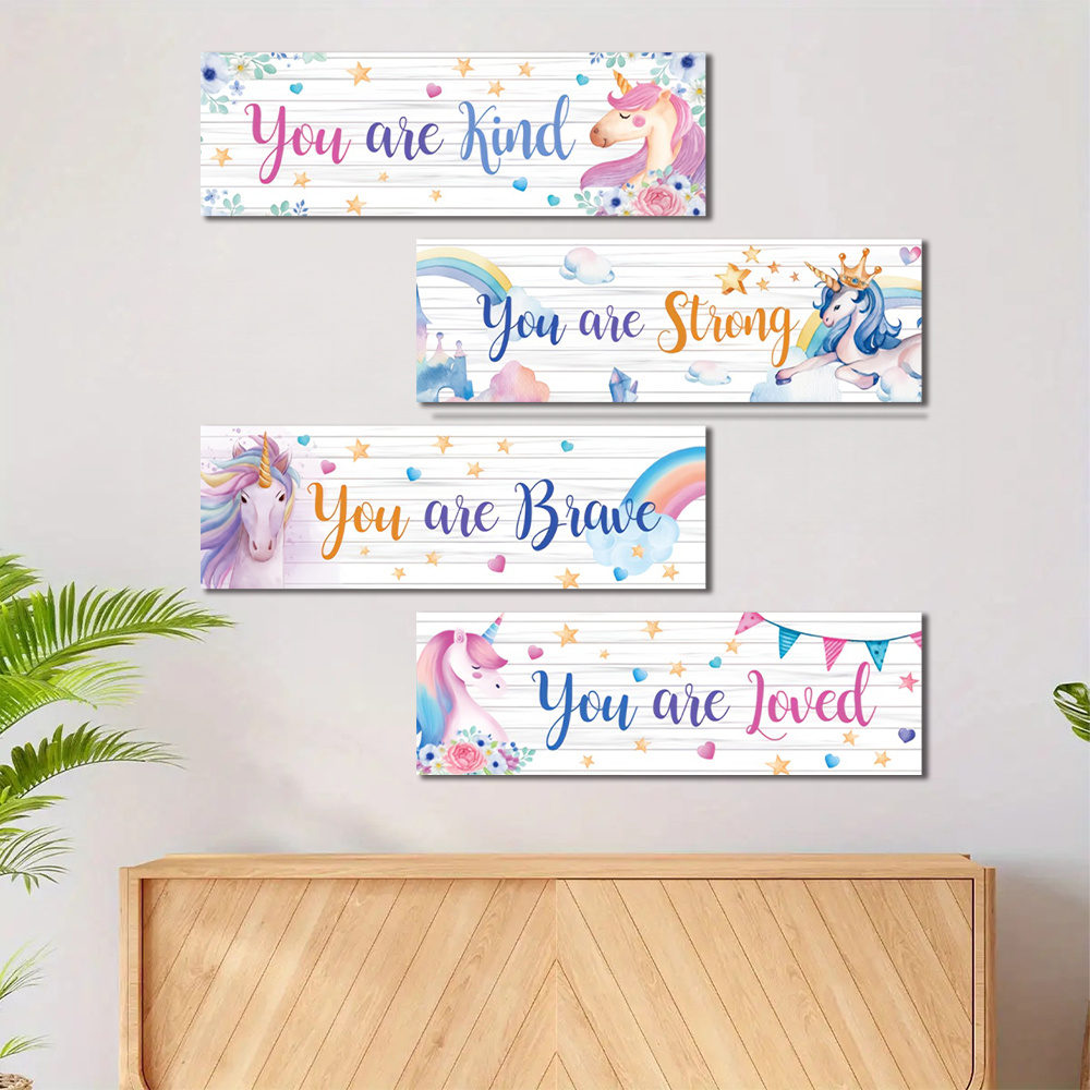 TEMU 2d Flat, Wall Décor, 2d Flat, New Year Decoration Magic Unicorn Rectangular Wooden Plaque Set Of 4, Size 9.84x3.93in, Wooden Home Decor, Rustic