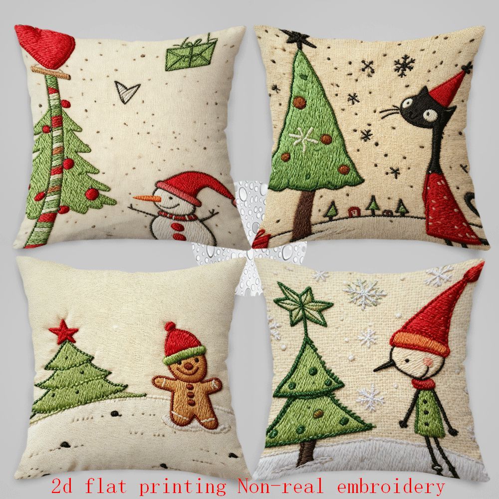 TEMU 4pcs Christmas Theme Pillow Covers Black Cat In Red Dress Looking At Christmas Tree Suitable For Home Sofa Decoration, Home Accessories, 2d Flat
