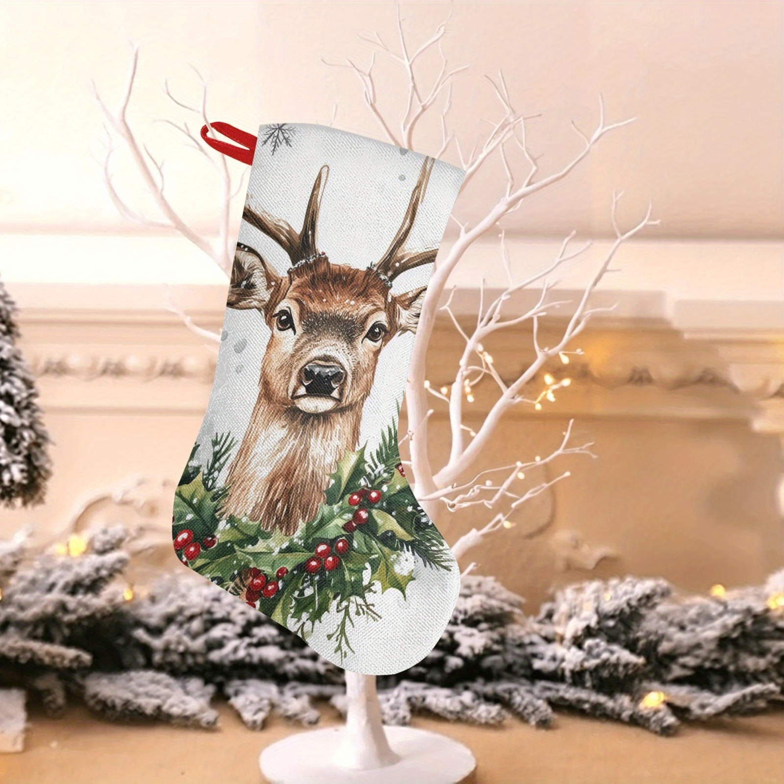 

Super Soft & Christmas Stocking With Deer And Holly Design - Holiday Decor, Fits All, Christmas Decor