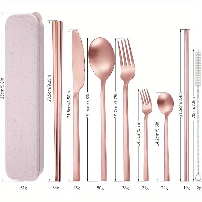 8pcs stainless steel flatware set - rose golden portable reusable travel cutlery with elegant rose , compact & lightweight utensil set with cleaning brush, dishwasher safe - fork, knife, spoon, chopsticks, straw & case for camping, office, picnic, home - durable & hygienic, ideal for outdoor & everyday use - stylish rose golden color, -resistant, easy to clean, dining, cutlery case Product details 1