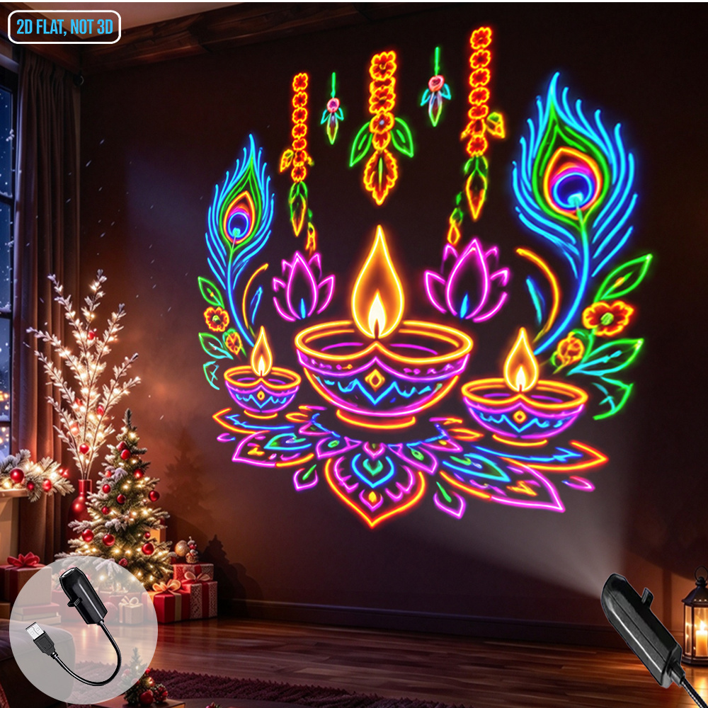 TEMU Lampe de chevet LED portable avec projeteur, alimentée par USB, thème Diwali, motif lampe à huile lotus, décoration , lampe de projection , ,