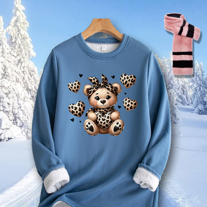 

1pc Women's Christmas Teddy Long Sleeve Round Neck Warm Pajama Top, Fleece Lined Polyester (100%) Cozy Loungewear Shirt