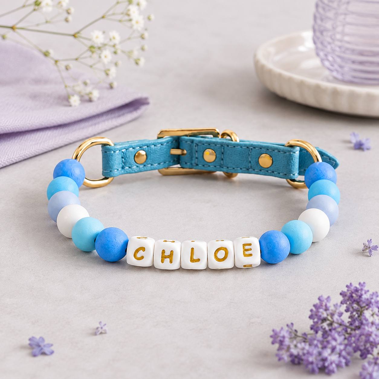 Custom Name Beaded Pet Collar with Adjustable PU Design