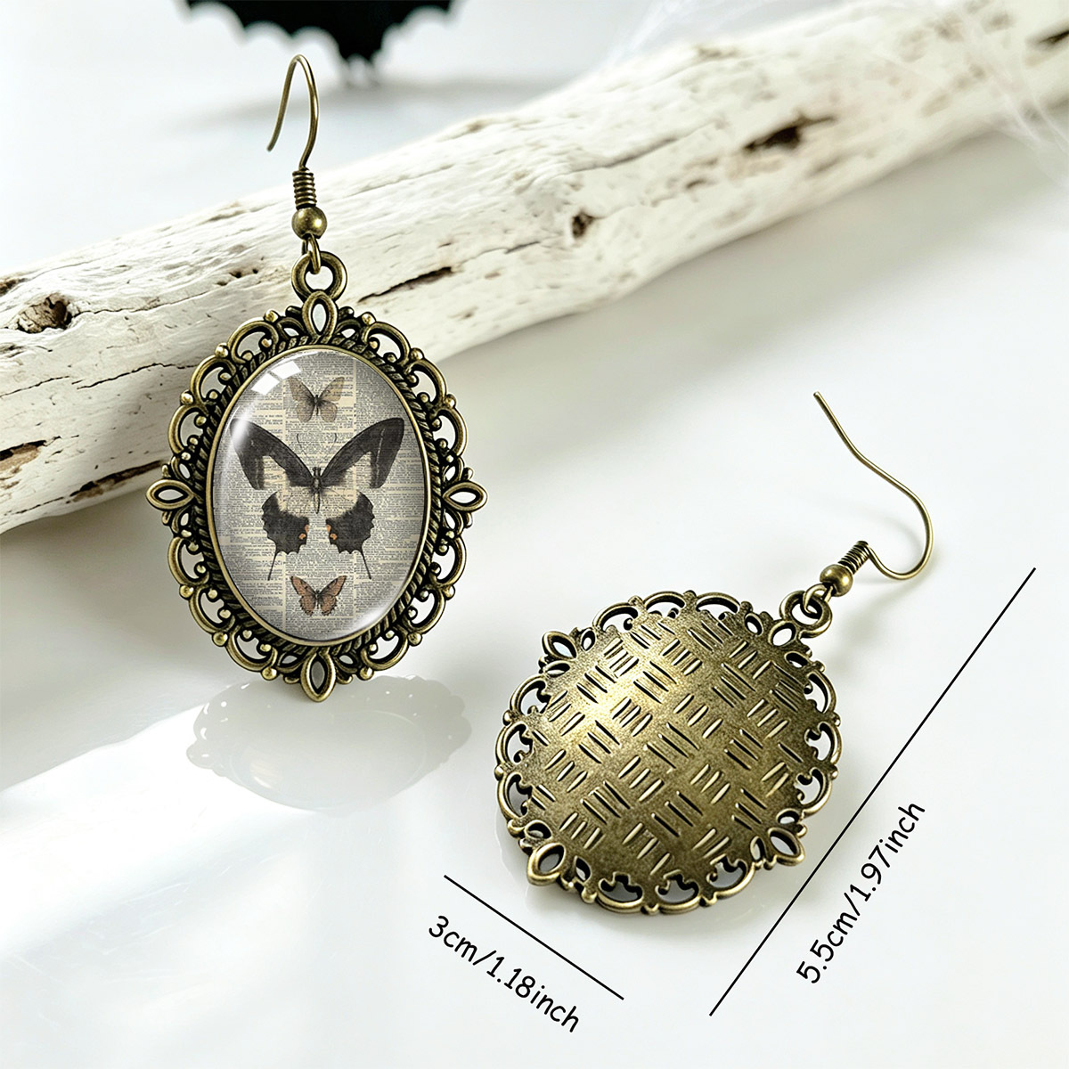 Vintage Openwork Lace Time Earrings, Black Butterfly Illustration
