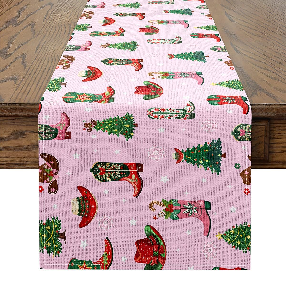 TEMU 1pc Christmas Tree Decoration For Kitchen And Dining Tables, Western Pink Table Runner For Festive Room Decor, Cowgirl Boots And Hats Tabletop