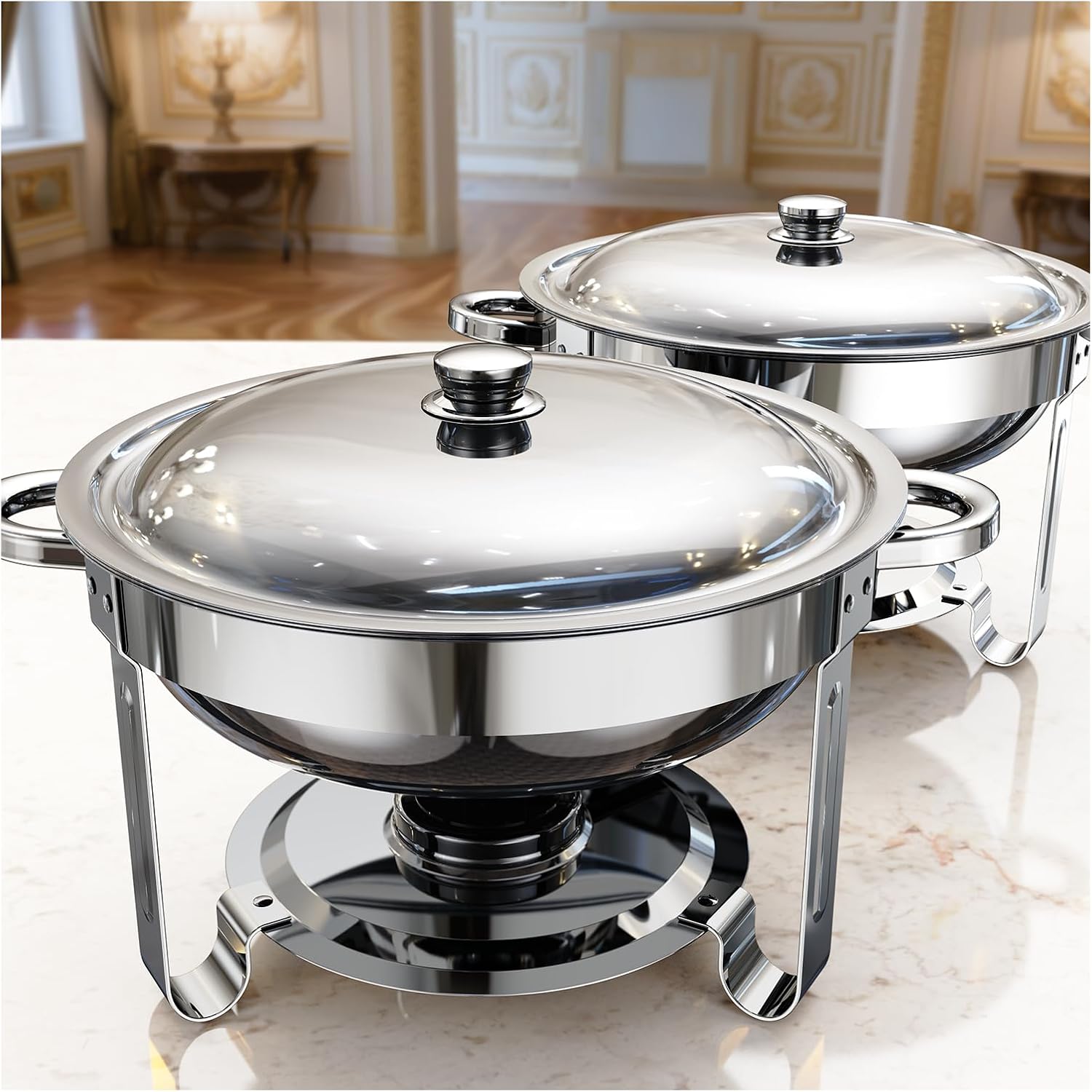 Round Chafing Dishes For Buffet (5qt, 2/4 Pack), Chafers And Buffet Warmers Sets With Mirror-polished Stainless Steel, Rolled Rim, Stackable, Lid Holder For Parties, Catering, Weddings- Cooking