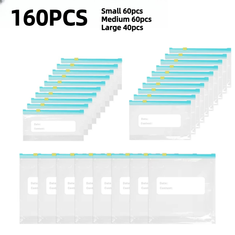 Image of 160pcs Reusable Fresh-keeping Bags Snack Food Storage Bag Sealed Zipper Bag For Kitchen Refrigerator Plastic Sealing Container