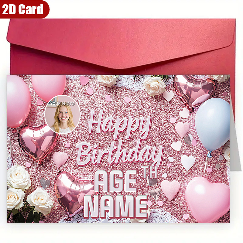TEMU Custom 2d Flat Greeting Card - 1pc Personalized Name Photo Age Happy Birthday Card With Envelope, High-quality Paper - Suitable For Couples,
