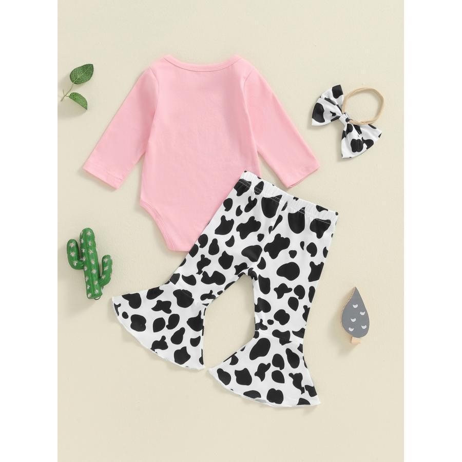 

Western Baby Girl Clothes Cow I'm Cute Romper Cow Print Bell Bottoms Headband 3pcs Set Infant Fall Outfit