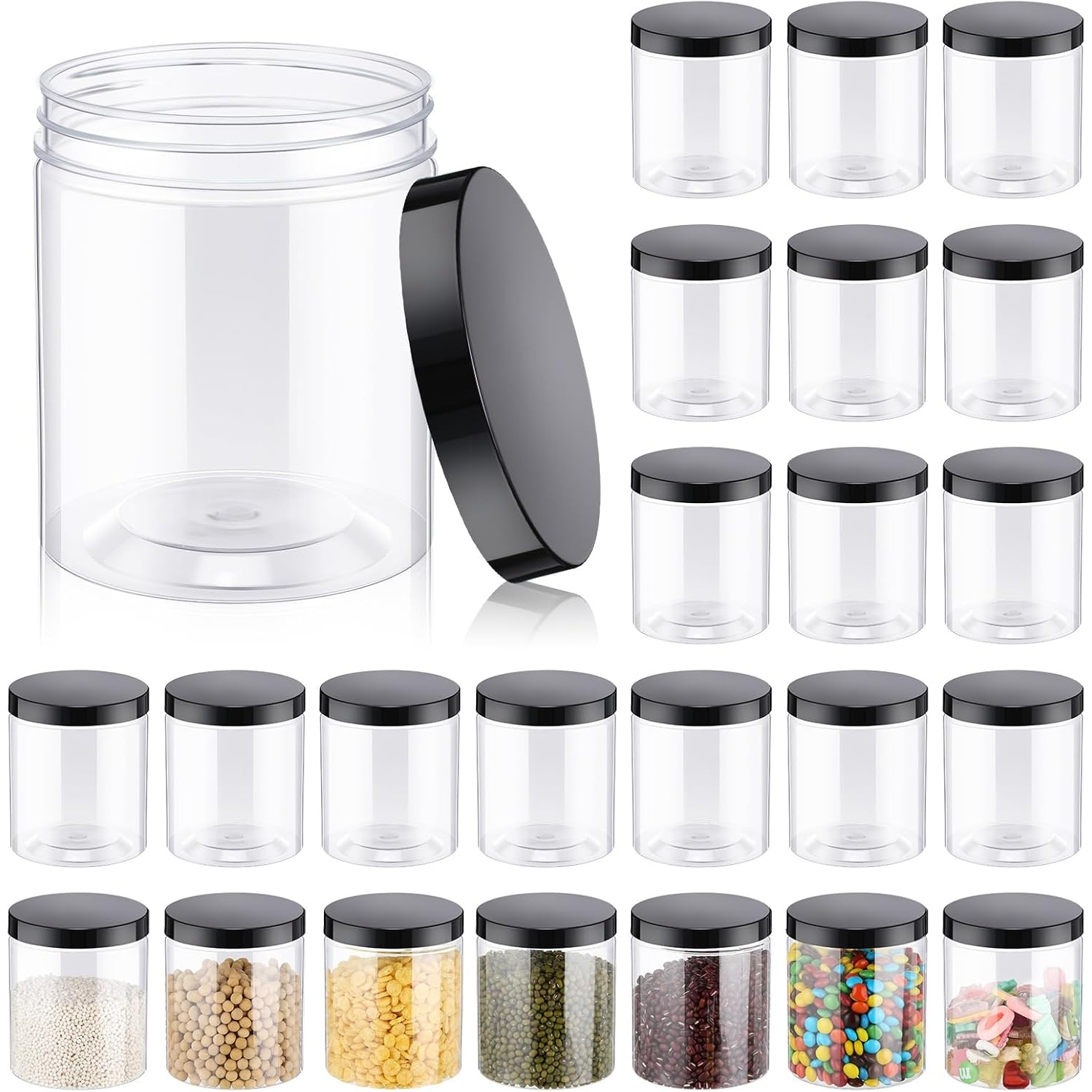 TEMU 20pcs Plastic Storage Jars With Black Lids, Leak-proof Container, Household Shatterproof And Easy Clean Daily Cake Nuts And Dispenser
