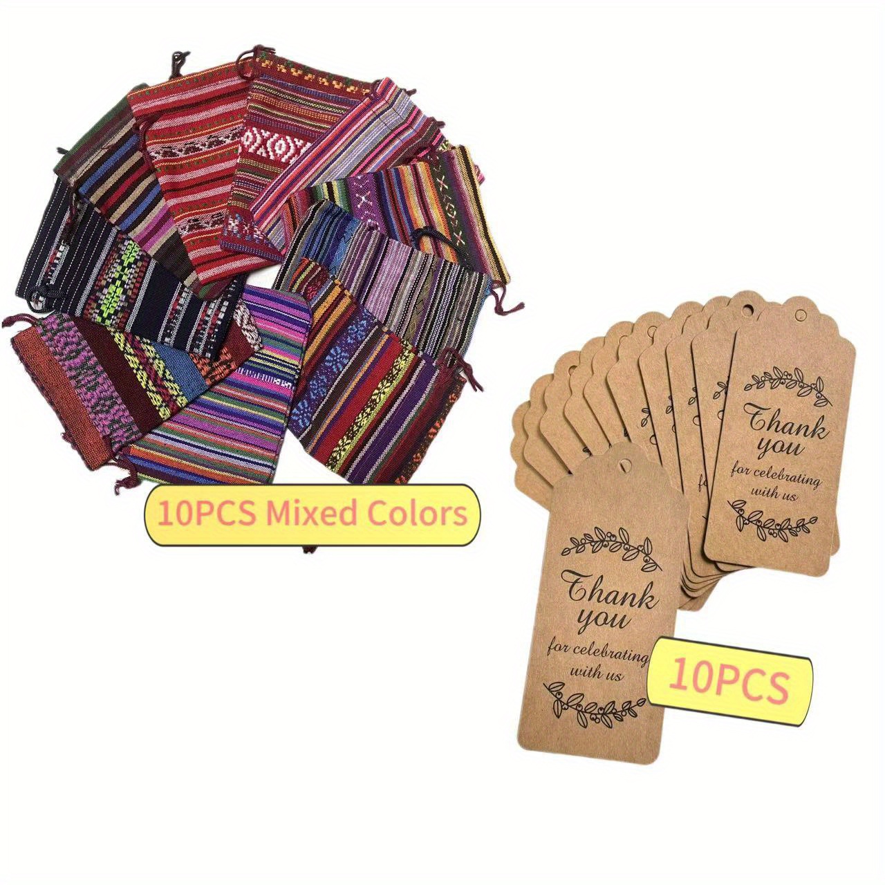 TEMU 20 sacs cadeaux à cordon mexicains, taille 3,9x5,46 pouces, inclut 10 sacs à cordon + 10 étiquettes de remerciement, décorations colorées pour