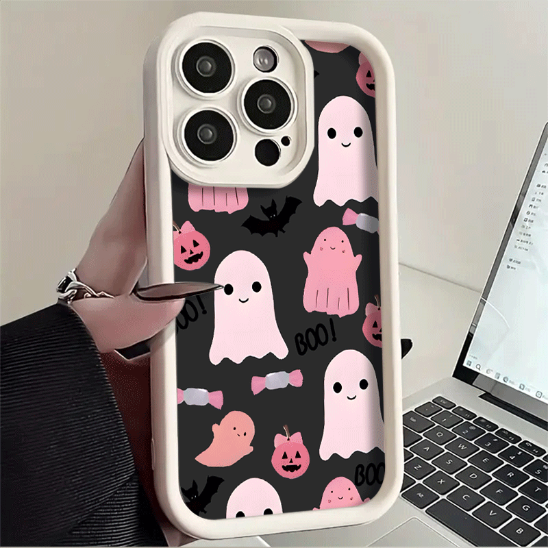 Burgundy Black and White Pink ghost TPU Shockproof Full Cover Precision Protective Case for Apple iPhone16promax, 16 15pro 14PLUS 13 12Pro 12mini 13 mini 11 Pro Max X XSMAX Pattern Printed Phone Case, Easter Gift, Christmas Halloween Decoration/Gift for Girlfriend, Boyfriend, Friends or