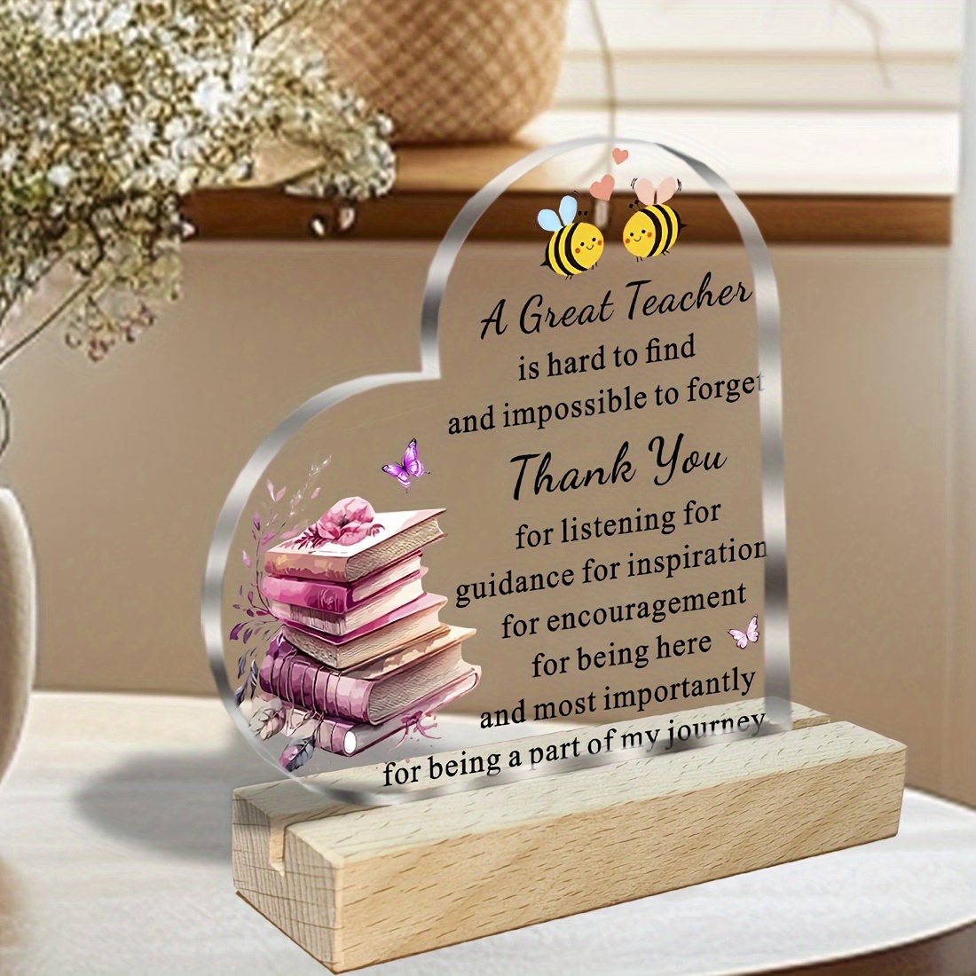 2d flat 1pc heart shaped acrylic sign thank you teacher end of year farewell souvenir decorative plaque and statue suitable for thanksgiving with wooden base 0