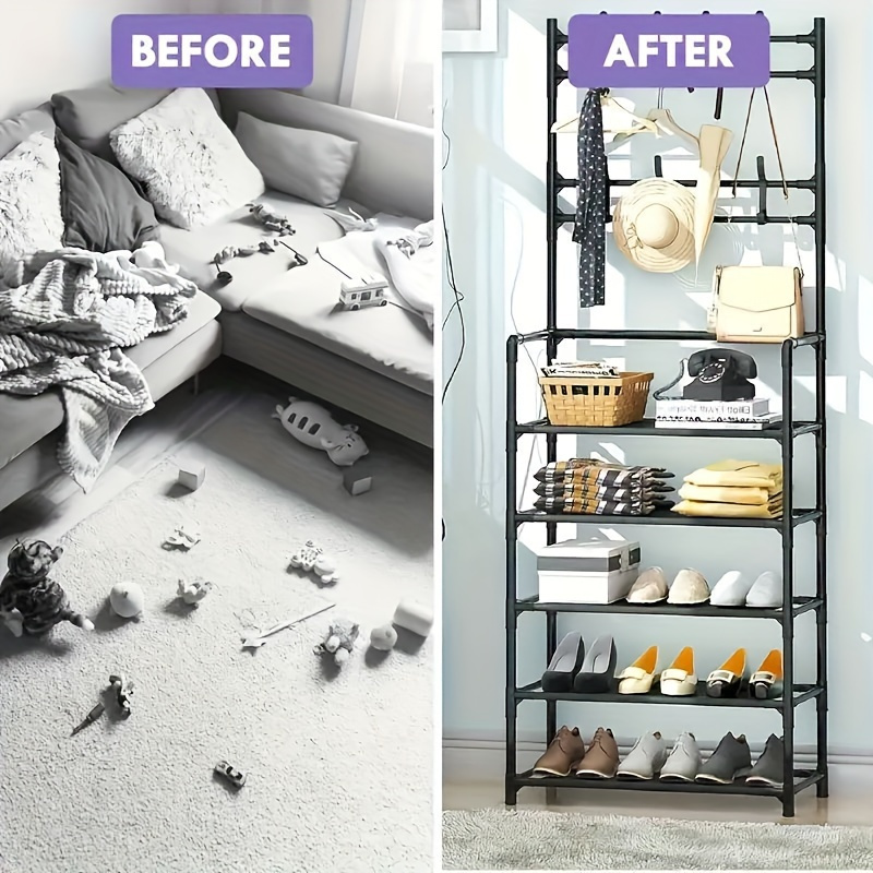 1 Multi-functional Metal 5-Tier Shoe and Hat Rack - 60.96 cm with Detachable Hooks, Multi-layer Design, Freestanding Organizer for Home and Apartment - Available in Black or White