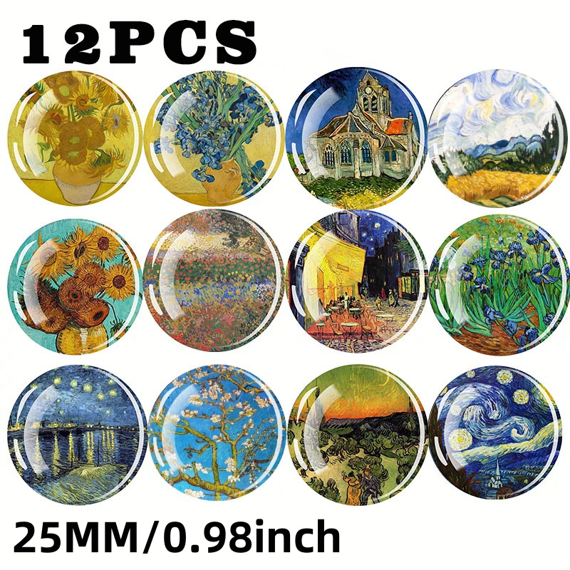 TEMU 12 pièces Pendentifs en Verre 12mm/16mm/20mm/25mm Peinture à l'Huile de Van Gogh Nuit Étoilée Iris, Accessoires de Bijouterie , DIY Bijoux, ,