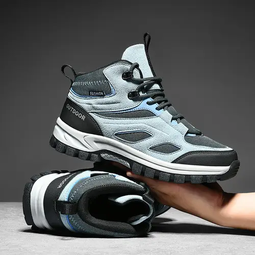 mens high top hiking footwear durable with anti slip rubber sole breathable mesh insoles for comfortable outdoor activities blue gray striped