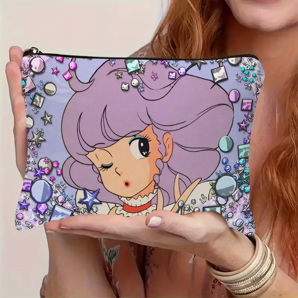 TEMU 1pc 2d Flat Printed Cosmetic Bag - Anime Cute Girl With Light Purple Curly Hair And Sparkling Colorful Double-sided Print, Durable Polyester,