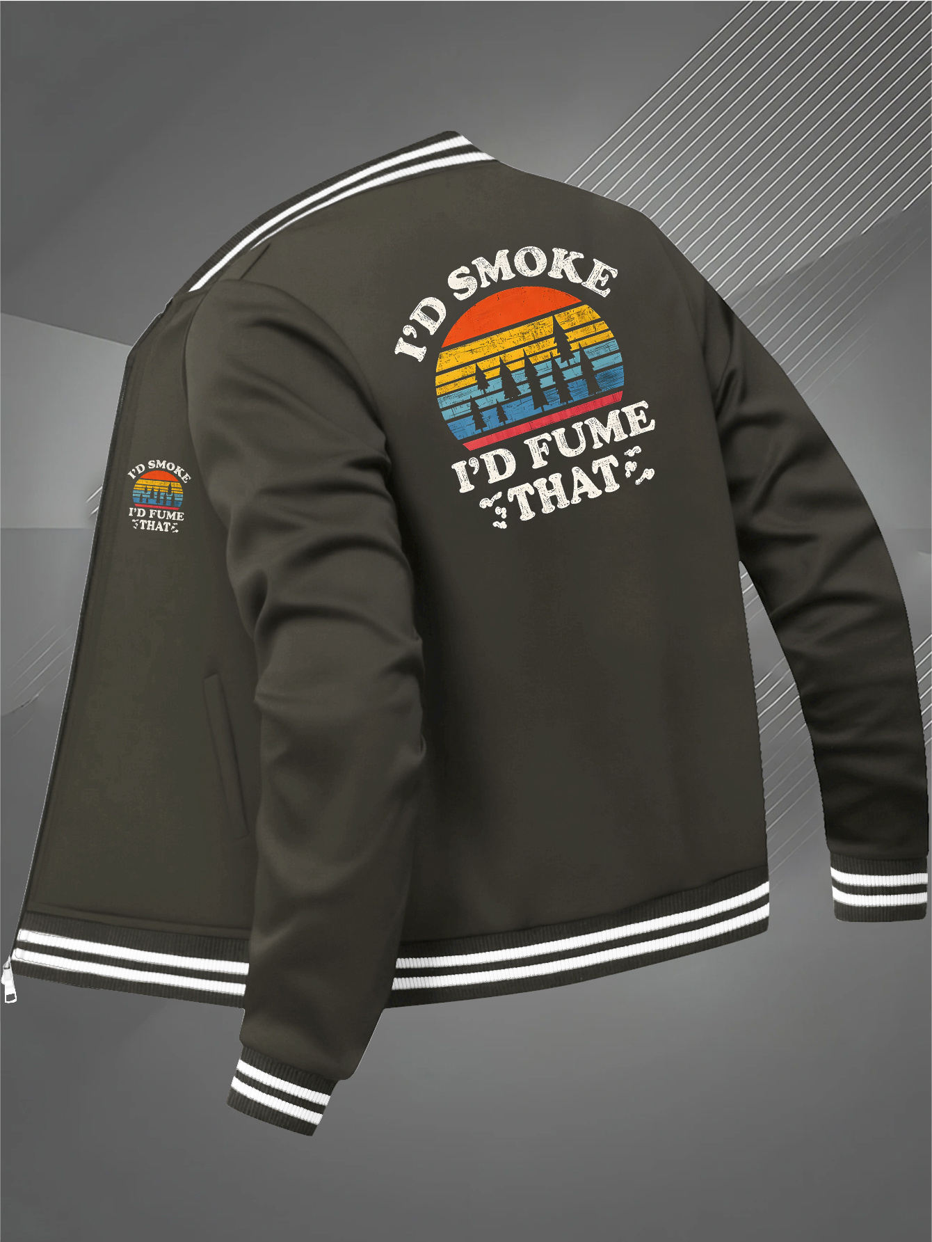 tiliya Men s Black Retro 70s/  Jacket with Smoking Tobacco Graphic Print, Full-Zip Casual Coat, Machine Washable, Zippered Pockets & Round Neck -   Smoking-Themed Outerwear for Men, Geometric Pattern, Ribbed Cuffs & Hem, Lining, Mature Style, Functional Pockets, Regular Fit,   Retro Design, Jacket for Casual Attire