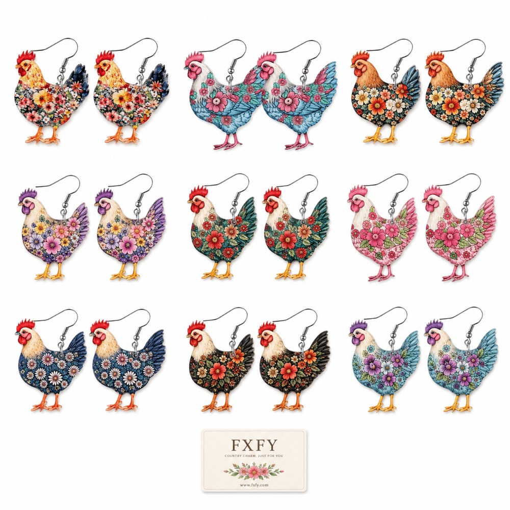 TEMU Boucles d'oreilles plates 2D en acrylique pour femme - Bijoux vintage pastoraux de ferme avec poule et floraux, colorées, adaptées pour les