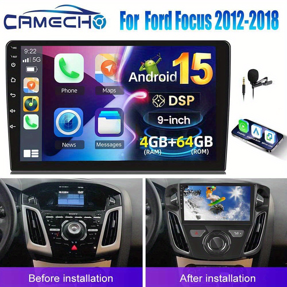 Camecho [8 Core 4g+64g] 15.0 Dsp Car Stereo Radio For Ford 12-18 Focus Without Knob (matt Black) With Auto , 9 Inch Hd Ips Touch Screen Build-in Gps B/t Car Radio Wifi Ahd Backup Camera Mic
