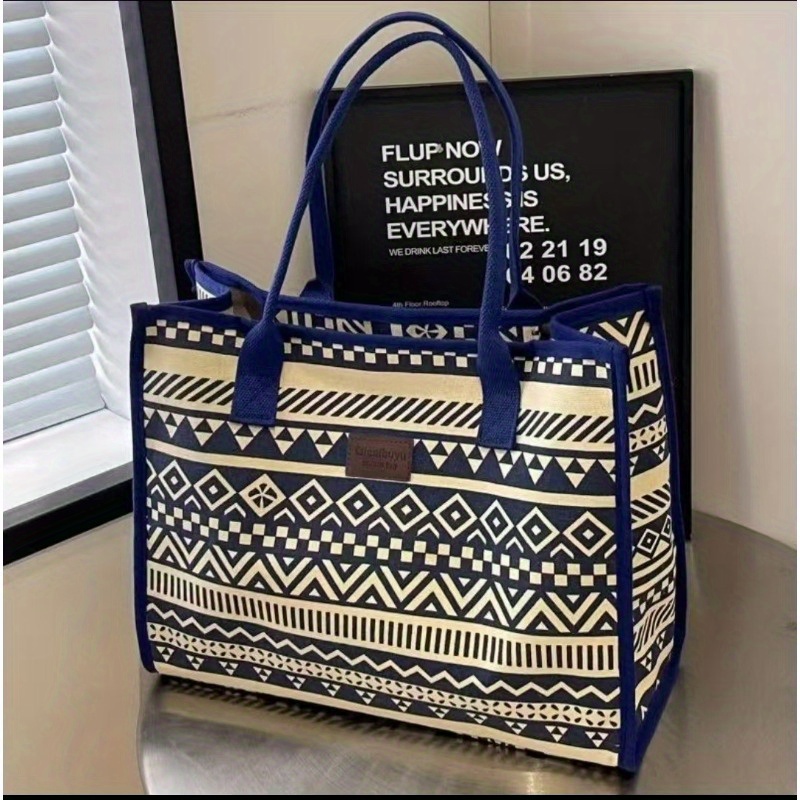 TEMU Vintage Ethnic Style Large Capacity Canvas Tote Bag - Fashionable Minimalist Shoulder & Handbag For Work, Commuting, And Everyday Use, Canvas Material, Geometric Pattern, Shoulder Ba