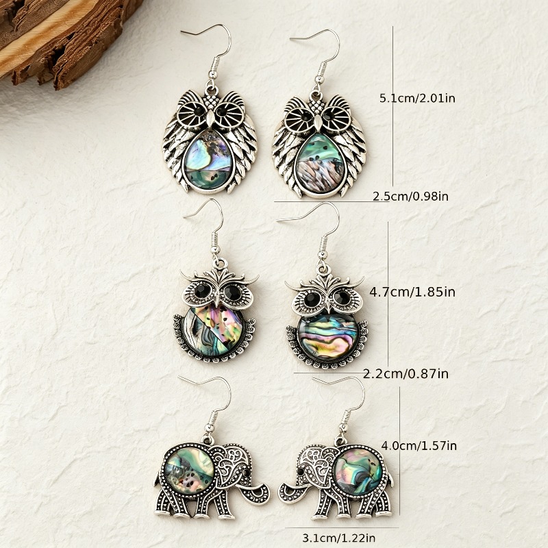 Bohemian Owl & Elephant Abalone Shell Earrings, Ethnic Style
