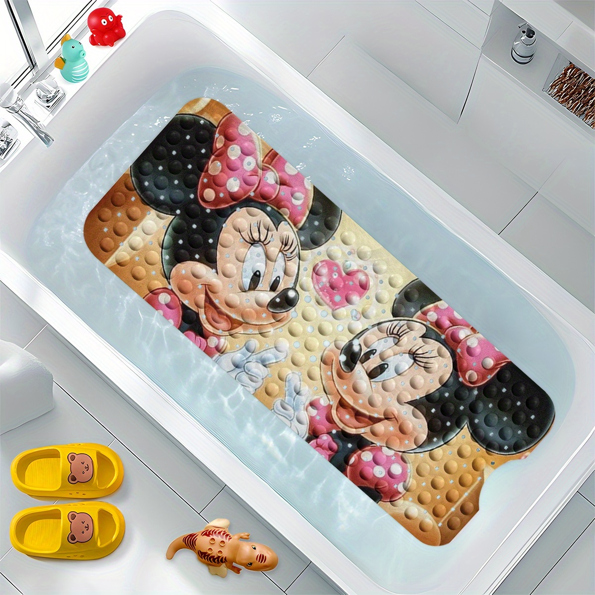 disneys   mouse bath mat features   hearts and bubbles set against a warm colored background in a cartoon style this non slip mat measures 40 100cm 15 7 39 3 inches and provides a comfortable water absorbent surface for your bathroom Product details 7