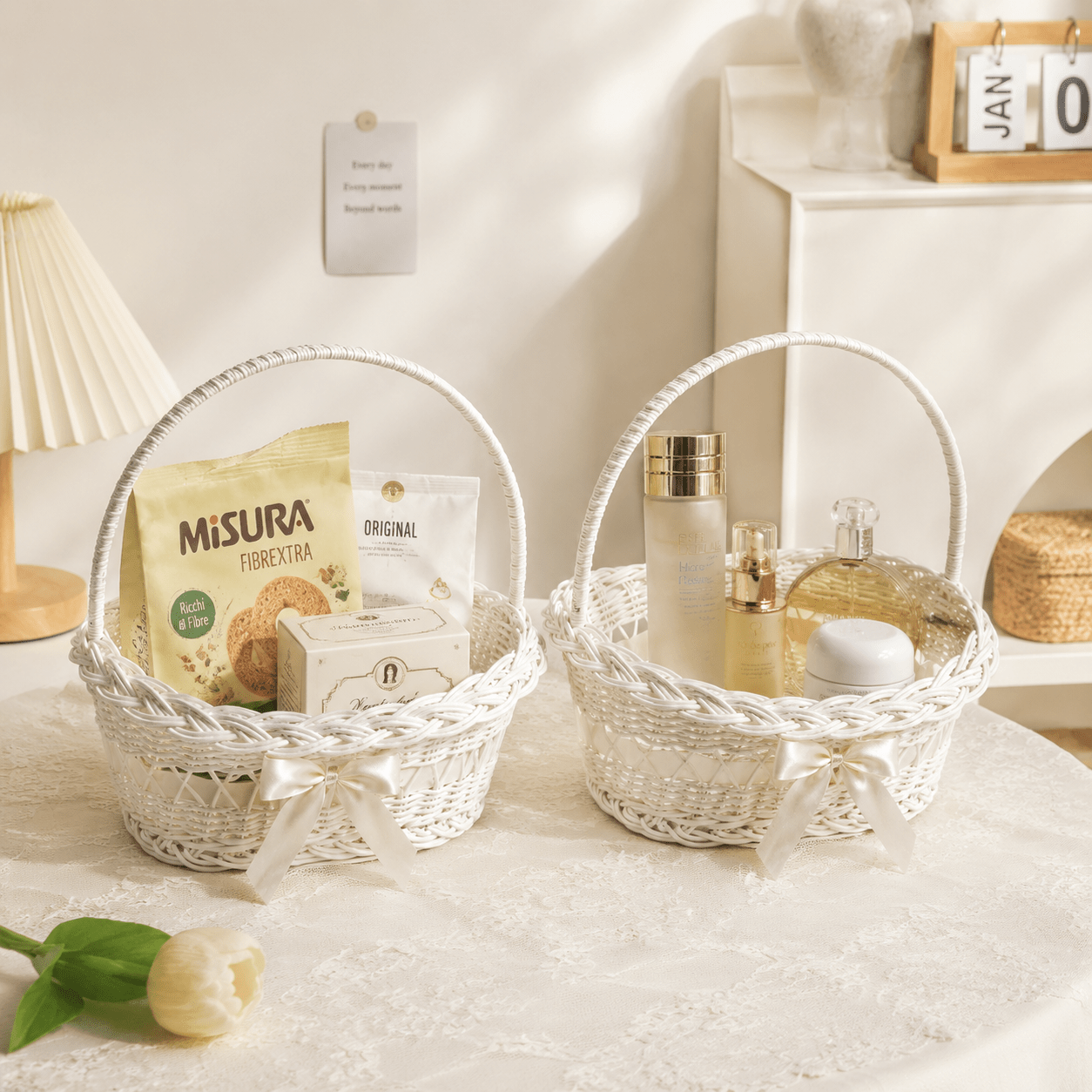 TEMU 2pcs White Woven Baskets | Wedding Baskets | Small Gift Storage Baskets | Desktop Decorative Storage Baskets | Satin Ribbon Decorated Rattan