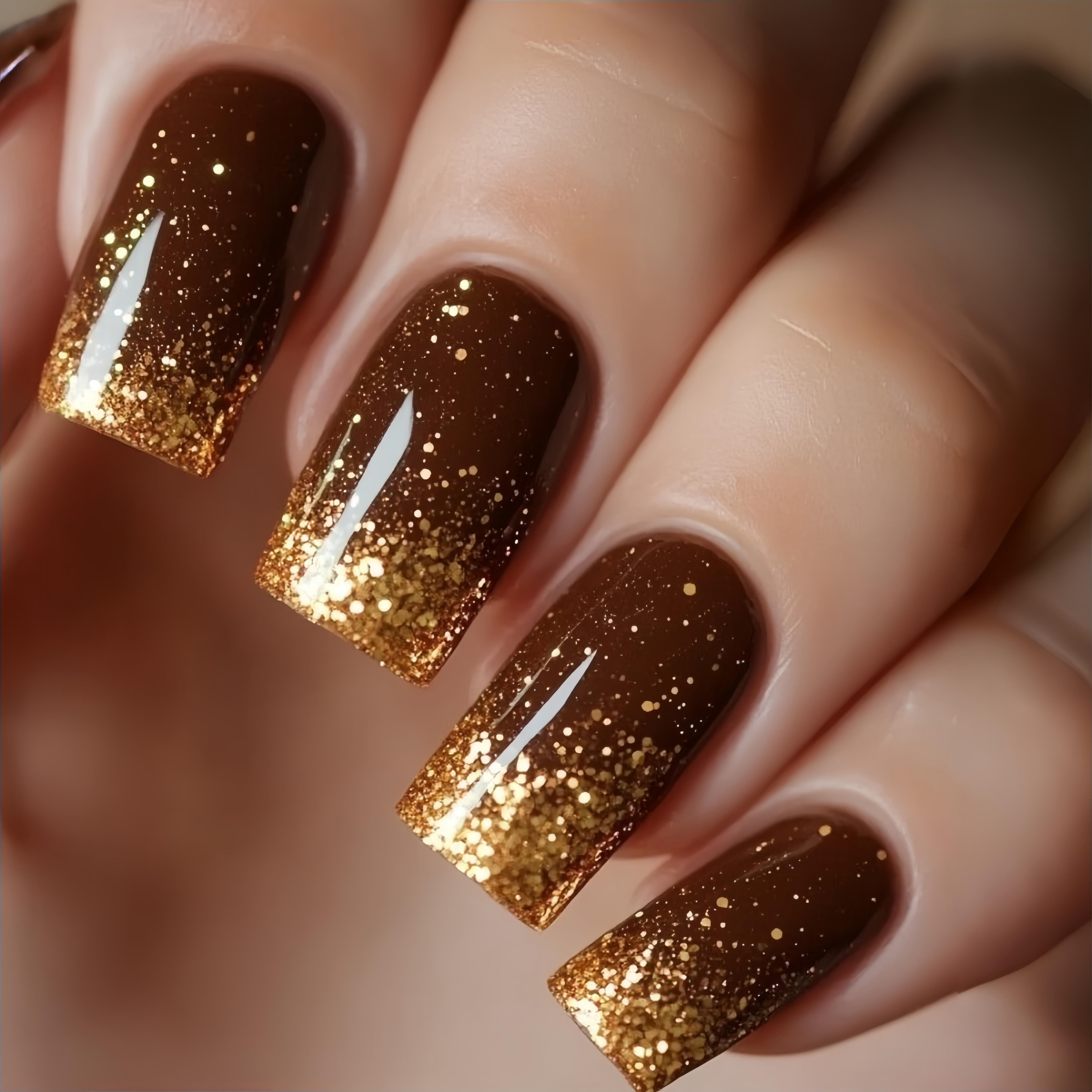 TEMU 24pcs Medium-length European Square Brown Gradient Glitter Press-on Nails, Detachable Fake Nails, Autumn/winter Nails, Women's Manicure, Fake