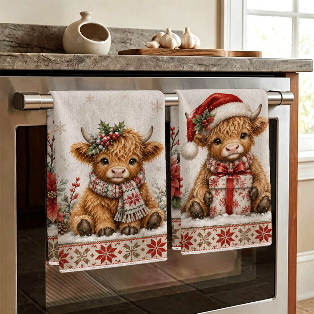 TEMU 2pcs Scottish Highland Cow Christmas Kitchen Towels Suitable For Holiday Table Decor, Soft Absorbent Microfiber With Poinsettia Snowflake
