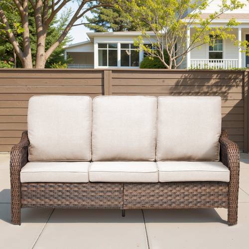 70 9 pe wicker rattan outdoor sofa set 3 seater suitable for poolside with beige cushions foam deep seat cushions frameless furniture for residential commercial use