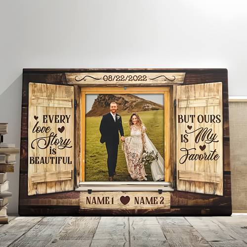 2d flat personalized wooden photo text canvas custom name date rustic beautiful photo frame with thick canvas fade proof ink horizontal wall suitable for couples wedding anniversary valentines day gift use