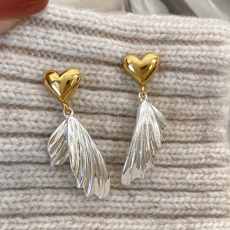 Golden Silvery Heart Leaf Pendant Earrings for Women