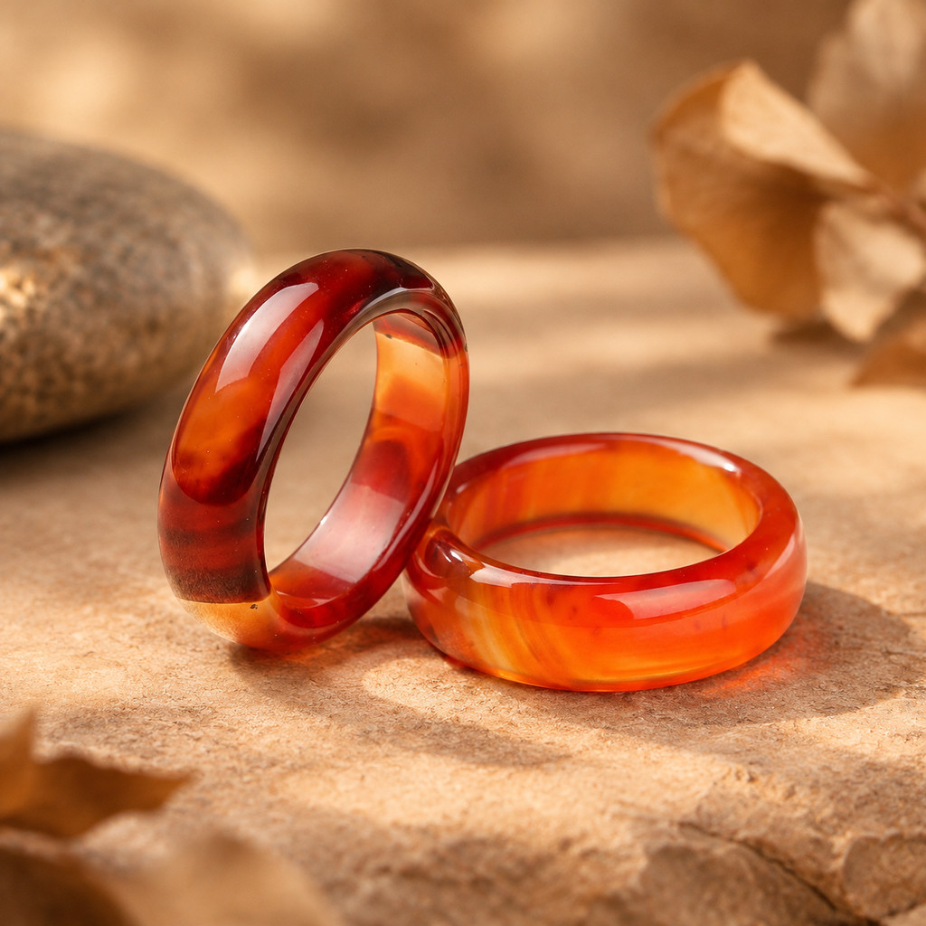 2pc Red Agate Natural Stone Band Ring Set, Stackable Gift